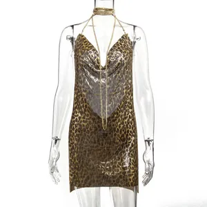 Sexy leopard print chainmail mini dress with deep V-neck and halter chain straps.