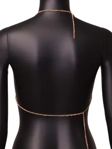 Detailed rear view of a gold fashion backless chain top for nightclub wear on a mannequin