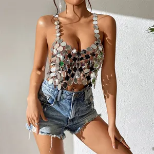 Sexy silver acrylic disc halter top for nightclub fashion party wear