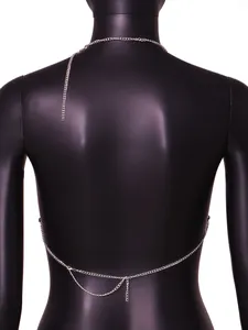 Detailed back view of a sparkling silver body chain for sexy nightclub apparel