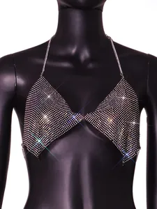 Exquisite close-up detail of a sexy backless rhinestone body chain top for nightclub wear