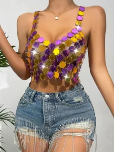 Sexy multicolor acrylic sequin backless halter crop top for clubwear and festive parties.