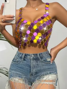 Detailed view of a sexy colorful acrylic sequin halter crop top for trendy clubwear fashion