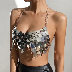 Haut dos nu sexy à paillettes argentées et chaînes pour soirées en boîte et fêtes