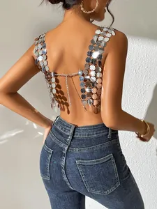 Débardeur dos nu à paillettes argentées sexy avec détails de disques métalliques brillants