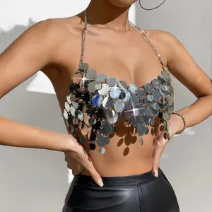 Top sexy à paillettes argentées et chaîne dos nu pour discothèque, gilet pour femmes