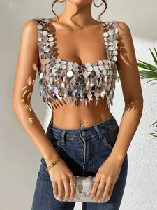 Débardeur court sexy à paillettes argentées pour fêtes d'été et festivals