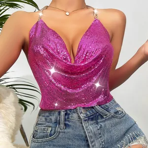 Close-up detail of fuchsia pink metallic sequin halter neck top with chain straps