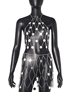 Sexy silver acrylic mirror disk chain mail top and skirt set for nightclubs