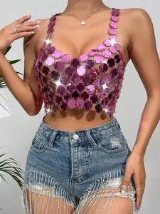 Close-up of pink acrylic sequin halter top with metallic reflective chainmail detail