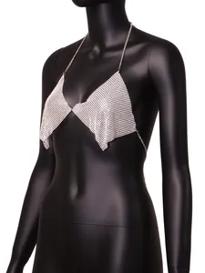 Sparkly silver sequin mesh halter top on a black mannequin, backless sexy party style.