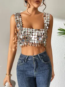 Haut Dos Nu Sexy en Paillettes d'Acrylique pour Femmes Couleur Unie Orné de Strass Haut sans Dos pour Fête Clubwear d'Été