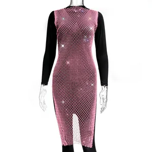 Elegant pink rhinestone fishnet midi dress featuring a round neck for summer party occasions