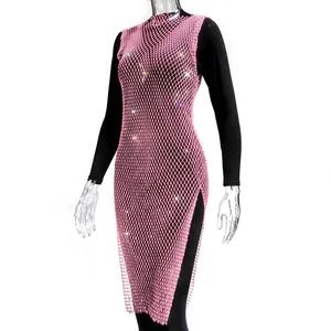 Detailed view of women's pink fishnet mesh sleeveless dress with sparkly rhinestones