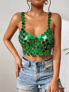 Close-up detail of a vibrant green acrylic sequin halter top for nightclub fashion.