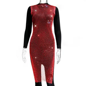 Elegant red mesh dress with sparkling rhinestones over black sleeves, chic French style design.