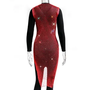 Close-up of red mesh rhinestone dress with shimmering crystals and open grid texture
