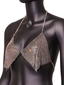 Macro detail of sexy silver rhinestone halter top with sparkling crystal chain straps