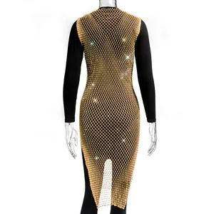 Back view detail of gold mesh rhinestone dress featuring shimmering fishnet pattern