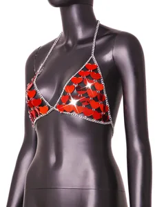 Detailed view of red acrylic heart sequin halter body chain jewelry top for women.
