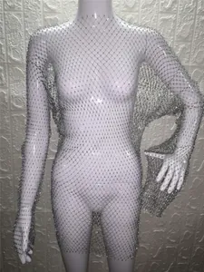 Detailed view of a silver long sleeve mesh dress adorned with shiny rhinestones.