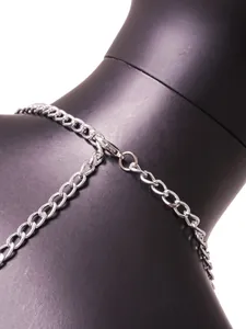Close-up of the adjustable silver chain strap and clasp on a sexy backless vest