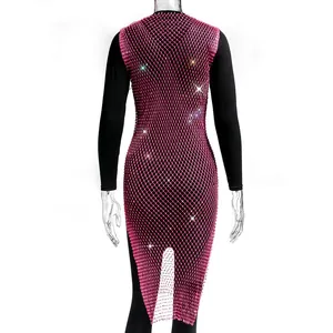 Back view of pink rhinestone mesh dress featuring sparkling crystals and split hem