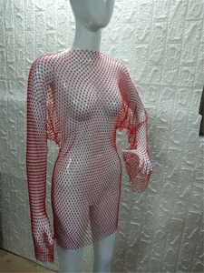 Detailed view of a red long sleeve mesh mini dress displayed on a white mannequin.