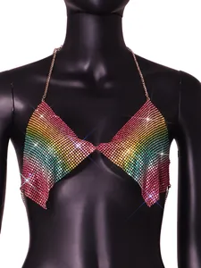 Detailed macro shot of a sexy rainbow rhinestone chain halter top for nightclub party wear
