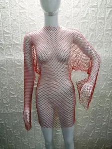 Full view detail of a vibrant red fishnet long sleeve mini dress on a white mannequin