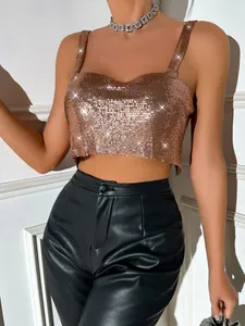 Close-up detail of sexy rose gold metallic sequin crop top featuring a chainmail texture