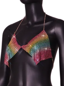 Macro detail of rainbow rhinestone mesh halter top with sparkling accents