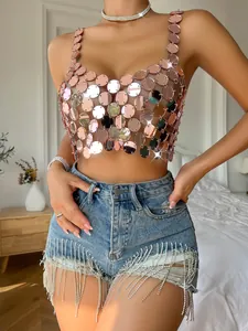 Detail view of a sexy rose gold acrylic sequin crop top, perfect for nightclub parties.