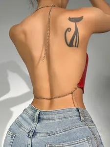 Sexy red sequin backless halter top with elegant gold chain straps, back view detail