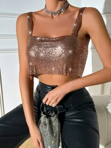 Close-up of rose gold metallic mesh sequined crop top with sparkling texture