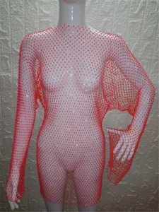 Vibrant red long-sleeved fishnet dress featuring sparkling rhinestones on mannequin