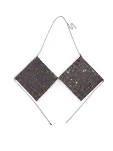 Detailed view of a sparkling black rhinestone chain backless crop top for party clubwear.