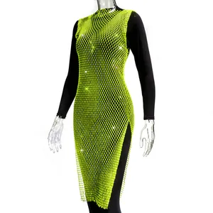 Sparkling neon green mesh dress with rhinestones and high slit for summer fashion