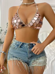 Sexy backless acrylic heart sequin halter top for summer rave party wear outfit