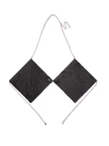 Detailed view of black rhinestone mesh halter bralette with adjustable silver chain straps