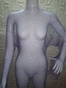 Close-up of long sleeve purple mesh dress with sparkling rhinestones on mannequin.