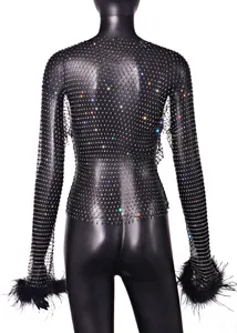 Close-up of black rhinestone fishnet mesh top with elegant feather cuffs detail
