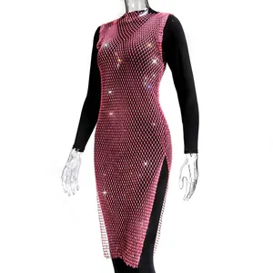 Detailed view of pink rhinestone mesh dress with shimmering round neck and side slit design