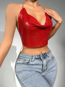 Detail view of a sexy red metallic sequin halter top with a cowl neck and chain straps.