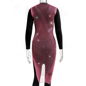 Detailed back view of pink rhinestone mesh dress with sparkling crystal accents