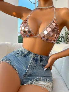 Sexy backless acrylic heart sequin chain bra top for summer rave fashion outfits
