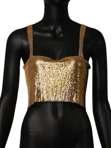 Detailed close-up view of a gold metallic sequin mesh crop top on a black mannequin