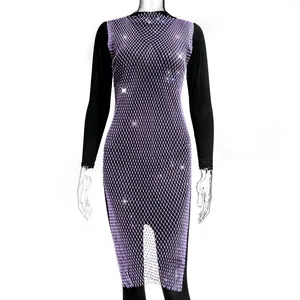Detailed macro view of elegant purple rhinestone fishnet dress for summer fashion party.