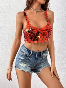Detailed view of sexy red acrylic sequin halter backless tank top for women