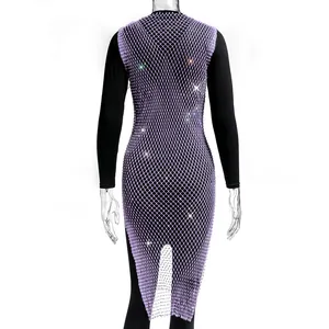 Detailed back view of a purple rhinestone fishnet crew neck dress with sparkles.
